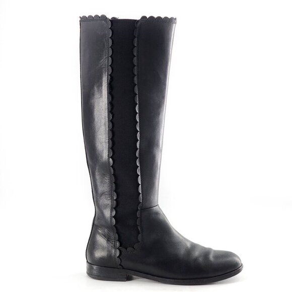 KATE SPADE Rayna Black Leather Knee-High Riding Boots Scallop Detail - Picture 4 of 10